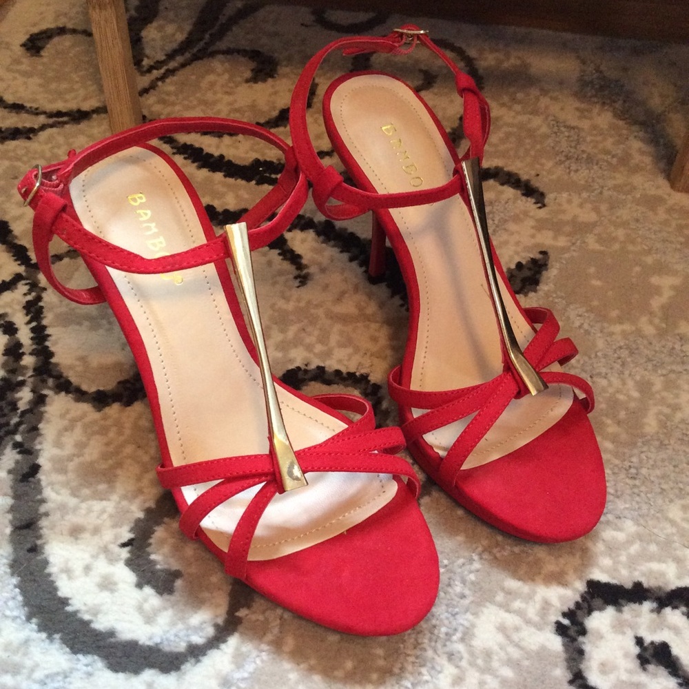 Red and Gold Strappy Heels